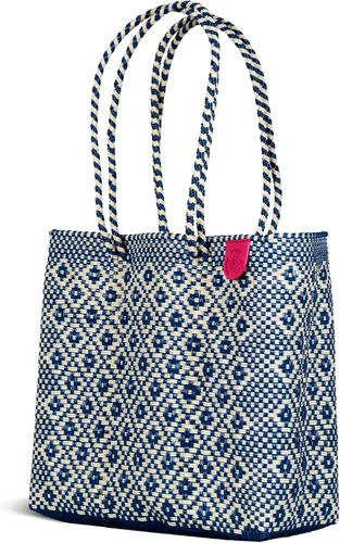 Miniatura 3 de Mixte Bolso tote tejido, bolso de playa beige y azul marino, bolso de plástico reciclado ecológico, resistente al agua, hecho a mano por artesanos