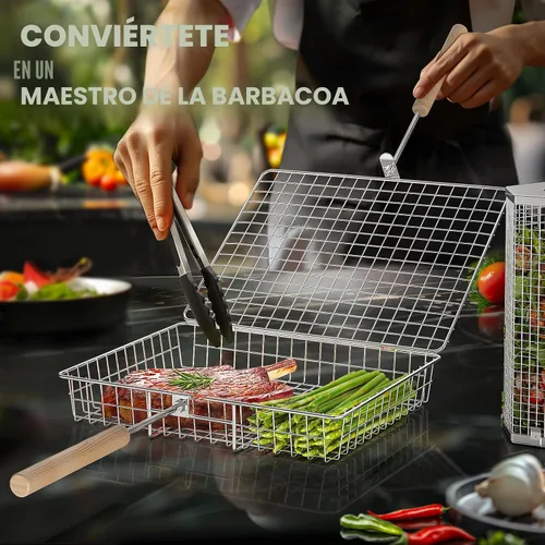 Miniatura 4 de Ivtivfu Juego de cesta para parrilla, mango de madera removible, acero inoxidable 304, herramientas de barbacoa con ruedas, accesorios para parrilla