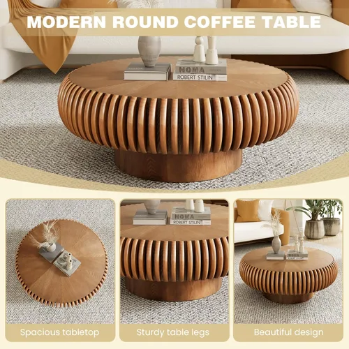 Miniatura 3 de Mesa de centro redonda acanalada de 31.5 pulgadas, moderna mesa de centro de madera para sala de estar, mesa central de alivio hecha a mano