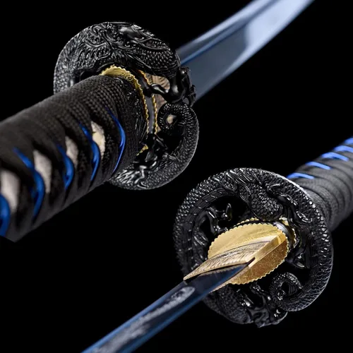 Miniatura 4 de OYZ Espada katana azul japonesa auténtica, espada completa, práctica, funcional, acero de alto carbono 1060, Hademade templada por calor, forjada a