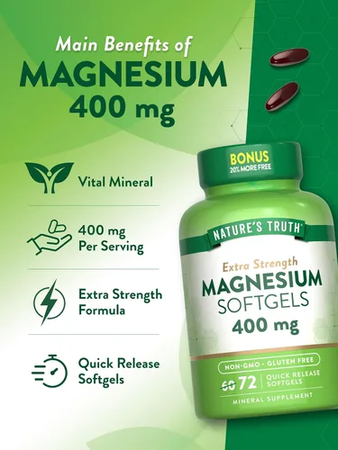 Miniatura 5 de Nature's Truth Magnesio 400mg 72 cápsulas blandas Tamaño de valor Extra fuerte de óxido de magnesio Suplemento sin OMG y sin gluten