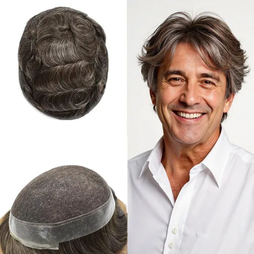 Miniatura 84 de Sistema de reemplazo de cabello de encaje francés para hombre, piezas de cabello de aspecto natural, color negro, marrón, rubio, gris, protesis
