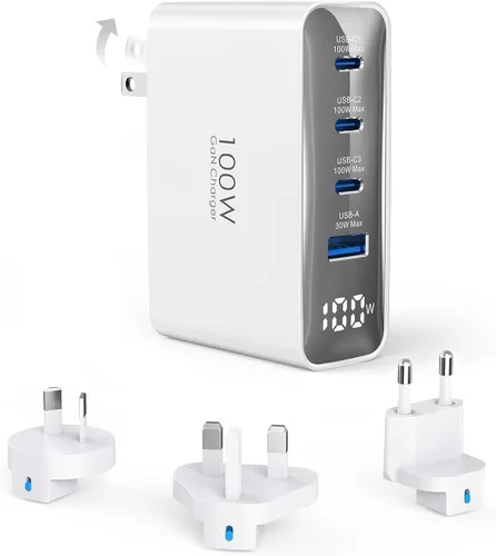 Topadre Cargador de viaje USB C de 100W, adaptador de viaje plegable de 4 puertos con convertidor de enchufe con enchufes UK/EU/AU, carga rápida