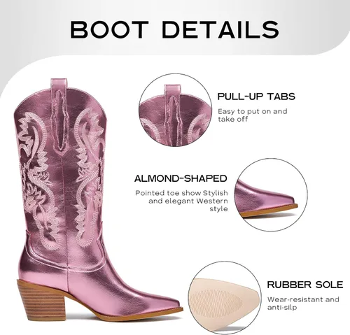 Miniatura 4 de GOSERCE Botas vaqueras para mujer Botas vaqueras metálicas de media pantorrilla con bordado, brillantes, estilo occidental, de pantorrilla ancha