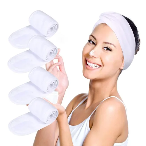 Miniatura 10 de Diademas faciales de spa, 4 piezas, maquillaje, ducha, baño, diadema deportiva, toalla elástica de tela de rizo con cinta mágica (negro)