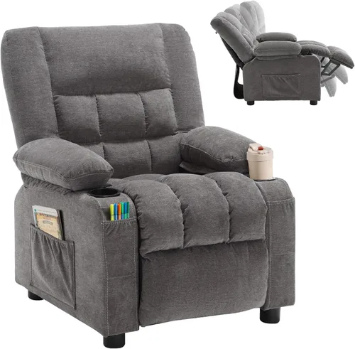 Miniatura 9 de BOSMILLER Silla reclinable para niños, sillón reclinable con respaldo para tazas y bolsillos laterales, reposapiés ajustable y reposacabezas