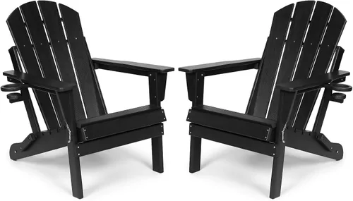 Miniatura 18 de Silla Adirondack plegable de HDPE, silla de patio al aire libre con soporte para tazas, silla de césped de grano de madera resistente a