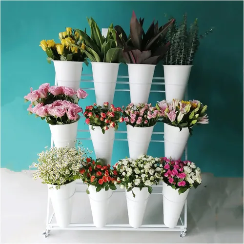 Soporte de exhibición de flores, estante de 3 capas resistente para plantas móviles con ruedas y cubo, estante de floristería de hierro forjado,