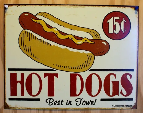 Cartel de metal Schonberg con descuento: Hot Dogs Best in Town de B. J. Schonberg, 16 x 13
