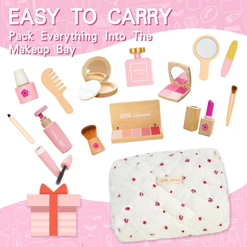 Miniatura 5 de Juego de juguetes de maquillaje de madera para niñas, kit cosmético realista con lápiz labial y espejo, regalo de juego de simulación para niños