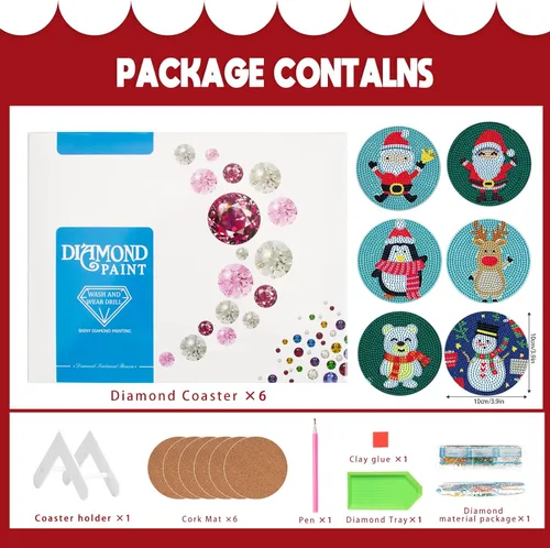 Miniatura 2 de MVVMTOP 6 posavasos de pintura de diamantes con soporte dimensional, posavasos de Navidad, kits de arte de diamantes antideslizantes