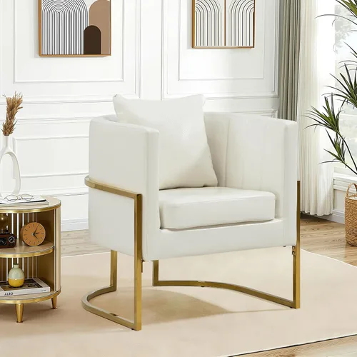 Miniatura 26 de Silla moderna de cuero, sillón tapizado de mediados de siglo con almohada para sala de estar, cómoda silla de tocador individual con patas doradas