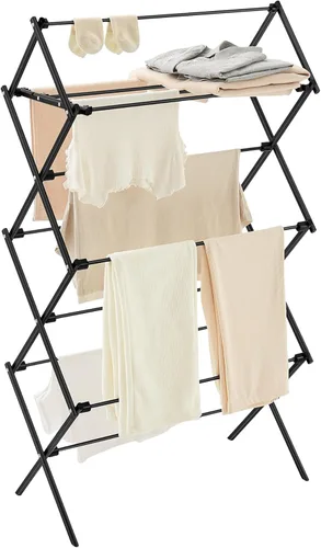 SONGMICS Tendedero de Ropa Plegable, Tendedero de Ropa, Secador de Ropa, Marco de Acero, 14.6 x 29.5 x 53.2 Pulgadas, Fácil Montaje, Uso en Negro