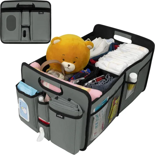 Organizador de pañales para bebé con cambiador, organizador portátil de coche para artículos esenciales para recién nacidos, pañales y toallitas,