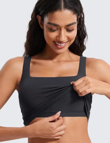 Miniatura 36 de CRZ YOGA Butterluxe Brasier deportivo de cuello cuadrado para mujer, estilo camiseta corta sin mangas, acolchado con soporte integrado para yoga