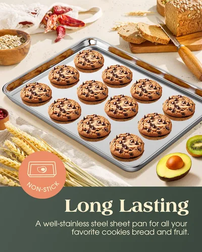 Miniatura 7 de Juego de Bandejas para Hornear de 2, Hojas de Galletas Comerciales de Acero Inoxidable para Hornear, Bandejas Grandes para Horno de 18 x 13 Pulgadas