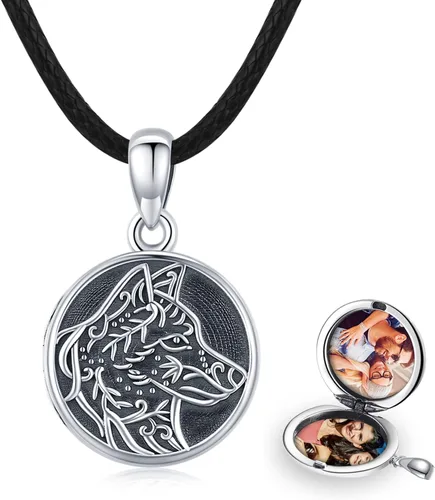 MEDWISE Collar con medallón vikingo Volf que sostiene fotos de plata oxidada, collar de medallón de fotos de plata oxidada, collar de lobo, regalo