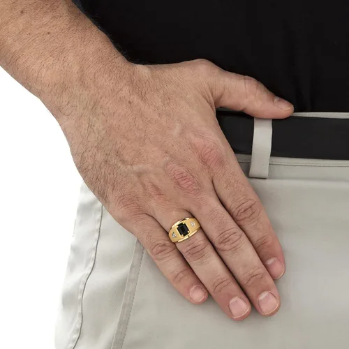 Miniatura 3 de Anillo de oro amarillo de 10 quilates para hombre, corte esmeralda, ónix negro natural y diamantes