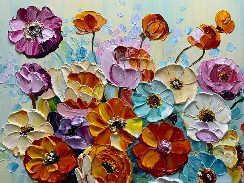 Miniatura 4 de V-inspire Arte, pintura al óleo moderna pintada a mano de 30 x 45 pulgadas, ramo completo de flores, lienzo acrílico abstracto, decoración de pared