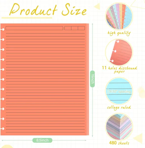 Miniatura 2 de PerKoop 12 paquetes de 480 hojas de papel de recambio de argollas de colores 8.5 x 11 pulgadas con rayas universitarias, tamaño carta, papel rayado