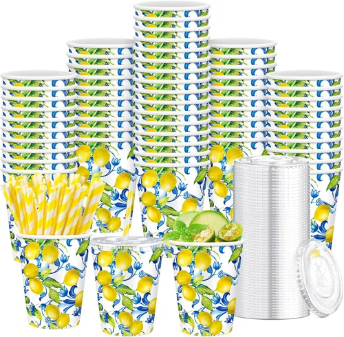 Tessco - Juego de 50 vasos de papel Capri Lemon con tapas y pajitas, 12 onzas, azulejos azules italianos, tazas frías de limón italiano para fiesta