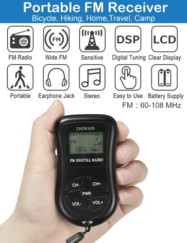 Miniatura 2 de ZHIWHIS Mini radio FM portátil, pantalla digital LCD estéreo, sintonización, transistor, receptor de conferencias con auriculares, radio de bolsillo