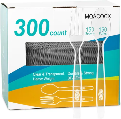 Miniatura 9 de MOACOCK 100 cubiertos de plástico pesados, tenedores de plástico pesados, cucharas, utensilios desechables, juego de cubiertos para suministros