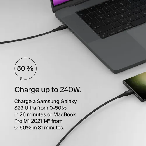 Miniatura 3 de Belkin BoostCharge - Cable USB C a USB C, cable de alimentación de carga rápida con cable de nailon trenzado, cabezal de aluminio anodizado, entrega