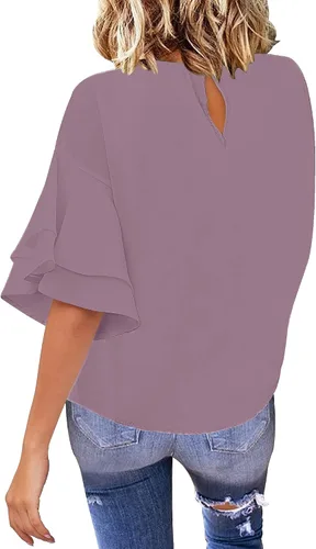 Miniatura 2 de luvamia Blusa casual de manga acampanada de 34 con cuello redondo para mujer