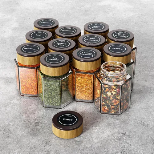 Miniatura 7 de Juego de 12 latas magnéticas de vidrio para especias Vetacsion con 180 etiquetas adhesivas para condimentos
