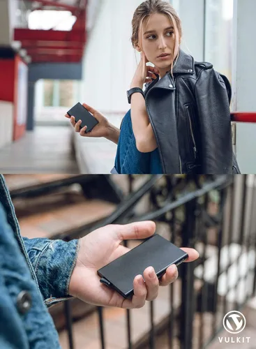 Miniatura 6 de VULKIT - Cartera desplegable, tarjetero delgado y minimalista para hombres y mujeres con bloqueo RFID, mini estuche de metal, Verde esmeralda, S