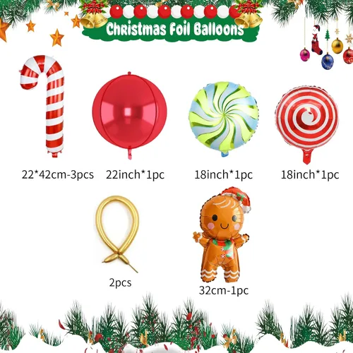 Miniatura 3 de Kit de Guirnalda de Globos de Navidad, 108 Piezas Globos Retro Verde Oscuro Rojo Oro Arco con Globos 4D, Globos de Caramelo en Forma de Bastón