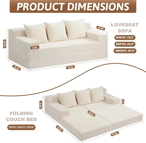 Miniatura 2 de Sofá cama convertible de 78 pulgadas, sofá futón plegable de esponja de alta densidad, sofá sin hueso, sofá cama de 3 plazas con 3 almohadas