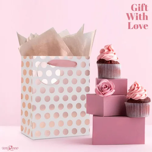 Miniatura 3 de UNIQOOO 12 bolsas de regalo de papel de aluminio de oro rosa a granel, lunares rosas con etiqueta, bolsas de papel kraft de reciclaje duraderas