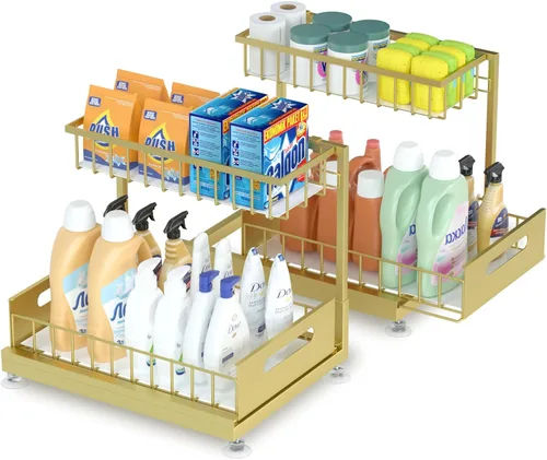 Miniatura 10 de Saydear Organizador de almacenamiento para debajo del fregadero, organizador de armario de cocina extraíble de 2 niveles con cajón deslizante, Negro