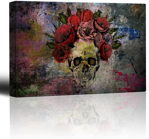Miniatura 18 de wall26 - Lienzo decorativo para pared, calavera y flores sobre fondo abstracto, arte moderno para el hogar, listo para colgar, 32 x 48 pulgadas Obra