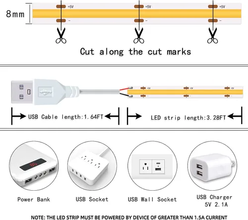 Miniatura 4 de Juego de 2 Paquetes de Tiras de Luces LED de 3.28 Pies COB Tiras de Luz USB 5V 6500K Blanco Brillante Alta Densidad No Regulable Tira LED Corta