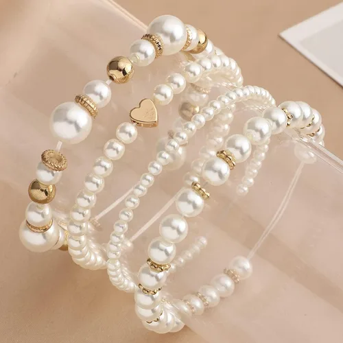 Miniatura 6 de Caiyao Temperament Fashion Imitated Pearl apilable capas pulseras declaración grande de perlas de imitación corazón brazalete blanco redondo perla