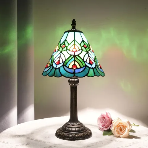 Miniatura 9 de Lámpara de mesa con base de hoja de metal de cristal de color azul de conchas estilo Tiffany, lámpara de mesa retro para dormitorio, sala de estar