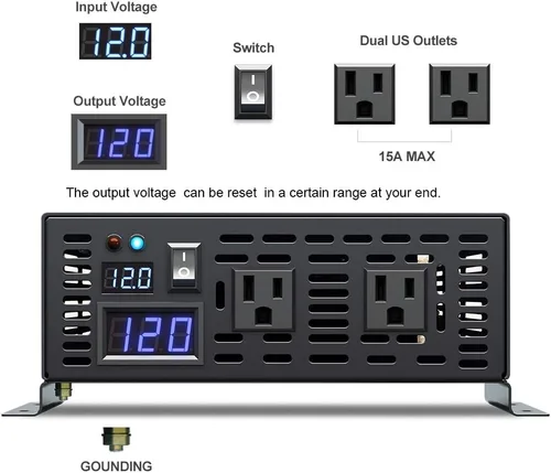 Miniatura 5 de WZRELB Inversor de onda sinusoidal pura continua de 1500W DC 12V a AC Inversor de potencia de coche 120V con puntos de alimentación dual de CA