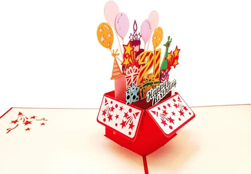 Miniatura 4 de iGifts And Cards Tarjeta desplegable 3D de cumpleaños 21 – Caja de fiesta roja de moda sorpresa con globos, regalos y vibraciones de alegría