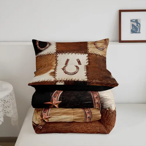 Miniatura 7 de Juego de ropa de cama de cuero de vaca occidental, juego de edredón dorado con diseño de herradura de estrellas de Texas, diseño de retazos de Multi