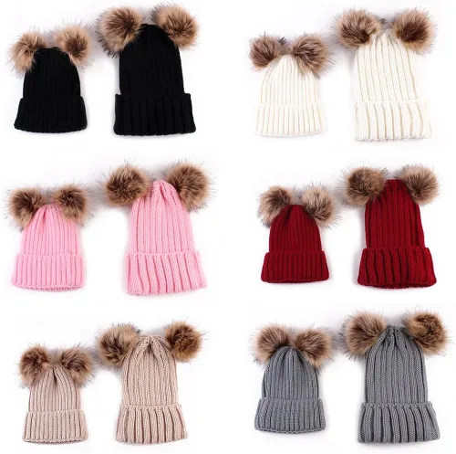 Miniatura 2 de oenbopo 2PCS Parent-Child Hat Winter Warmer Baby HatWomen Hat Mother Baby Knit Hat Beanie Winter Warm Crochet Cap