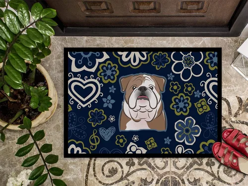 Miniatura 2 de Caroline's Treasures BB5070MAT - Felpudo de bulldog inglés con flores azules de 18 x 27 pulgadas, tapete para puerta delantera, para interiores