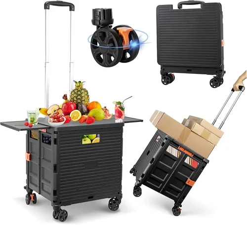 Miniatura 9 de FELICON SELORSS Carro de Utilidad Plegable Carro de Mano Plegable con Mango Telescópico de Plástico Resistente Cesta Plegable de 4 Ruedas Giratorias