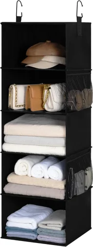 StorageWorks Organizadores colgantes de armario con 5 estantes, organizador de almacenamiento plegable con 2 bolsillos laterales, estantes colgantes