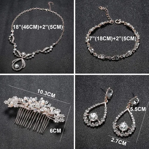 Miniatura 6 de ORAZIO Juego de joyas de novia de cristal para baile de graduación, boda, damas de honor, vintage, diamantes de imitación, aretes, pulsera, peine