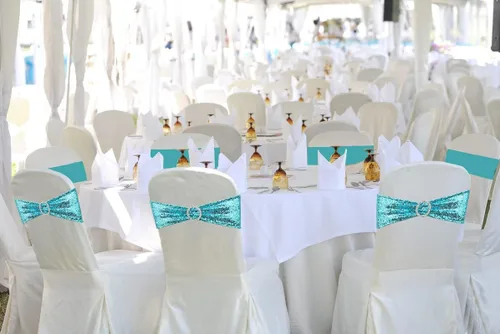Miniatura 5 de Bandas para Sillas con Lentejuelas Elásticas Lazos de Spandex Poliéster para Fiestas Hotel Bodas Banquetes Decoración - 6 Piezas Aqua Sparkling