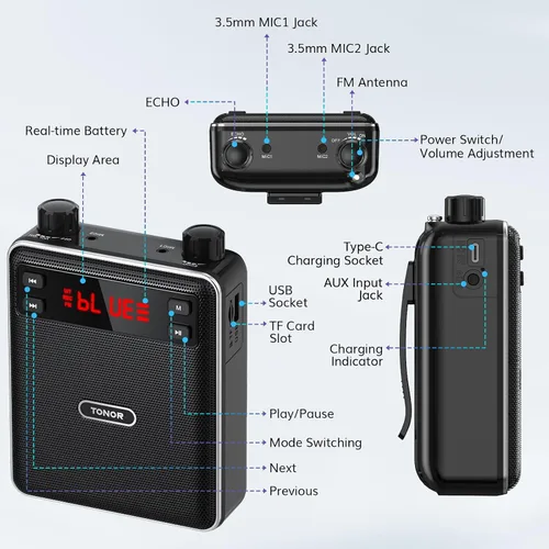 Miniatura 8 de TONOR Amplificador de voz inalámbrico de 25 W, amplificador de voz portátil para profesores con micrófono de auriculares Bluetooth, megáfono