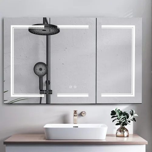 Miniatura 9 de Karl home Botiquín de baño de 32 x 28 pulgadas con 2 puertas con espejo LED, gabinete de baño regulable de 3 colores montado en la pared con Blanco